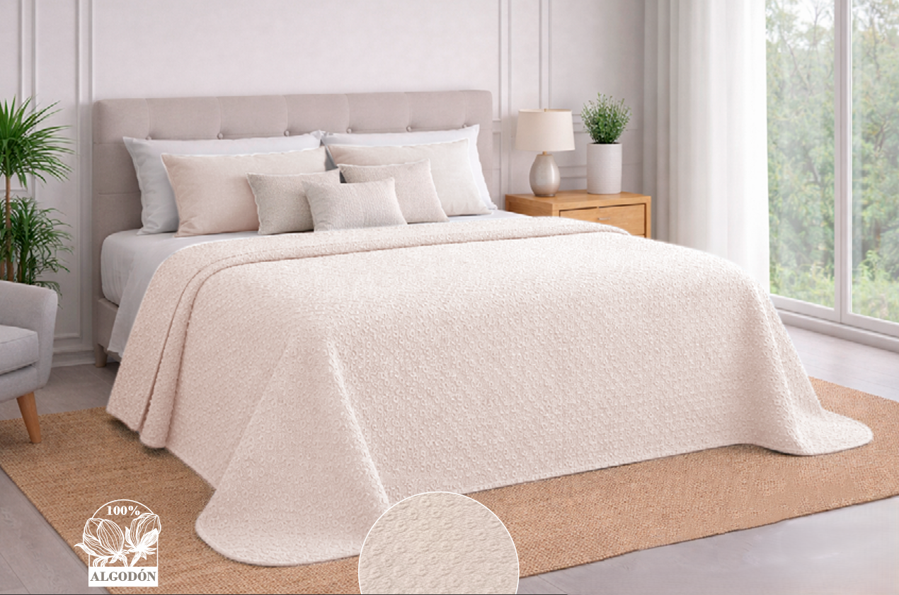 Colcha Dafne de Ikaya c180 270x270 en color marfil y 2 cojines de 50x70cm