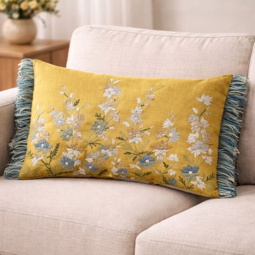 Set de 2 cojines Aheli de Ikaya con bordado floral en color mostaza 30x50cm