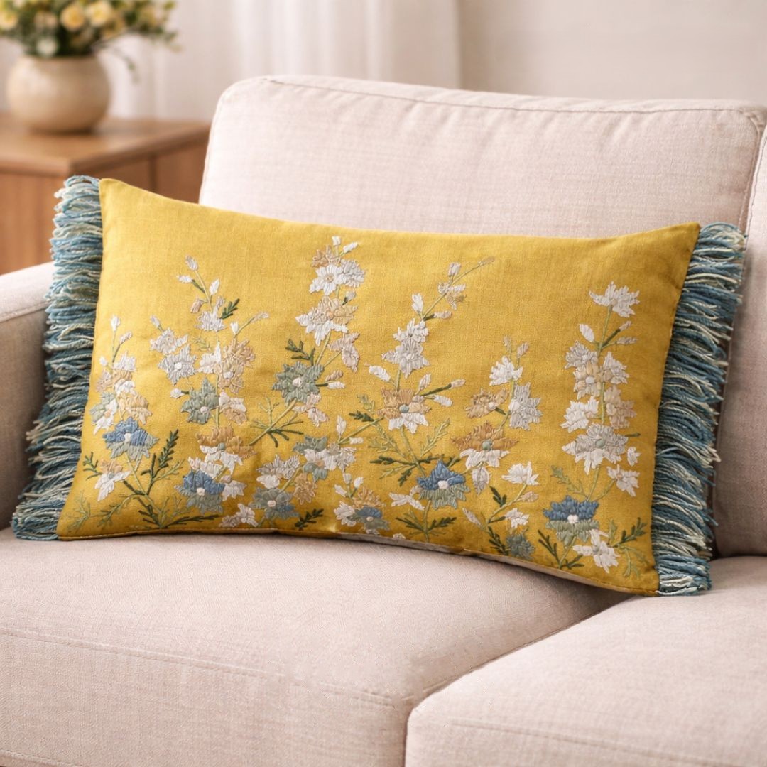 Set de 2 cojines Aheli de Ikaya con bordado floral en color mostaza 30x50cm