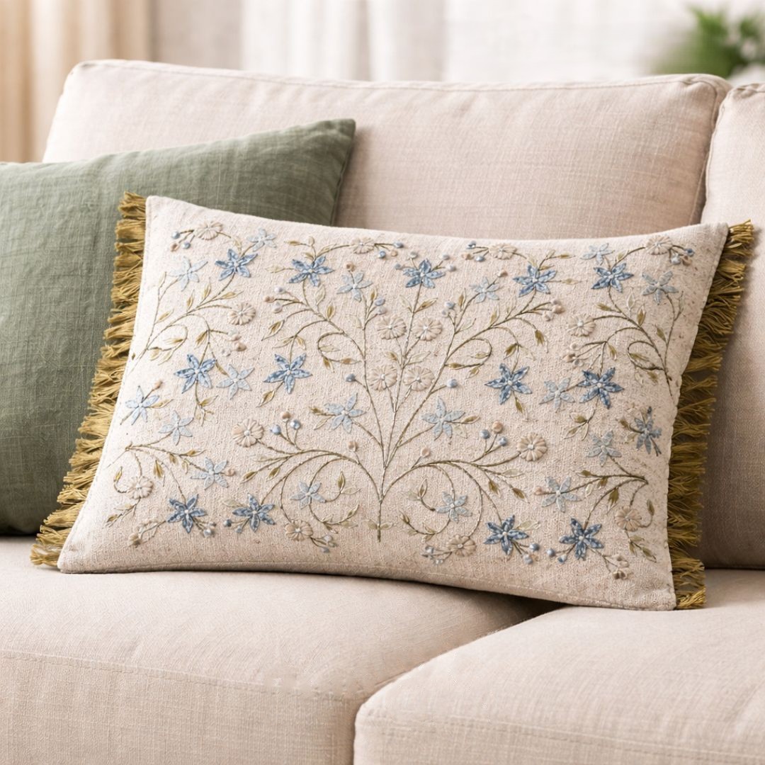 Set de 2 cojines Bonia de Ikaya con bordado floral y flecos en color crudo 30x50cm.