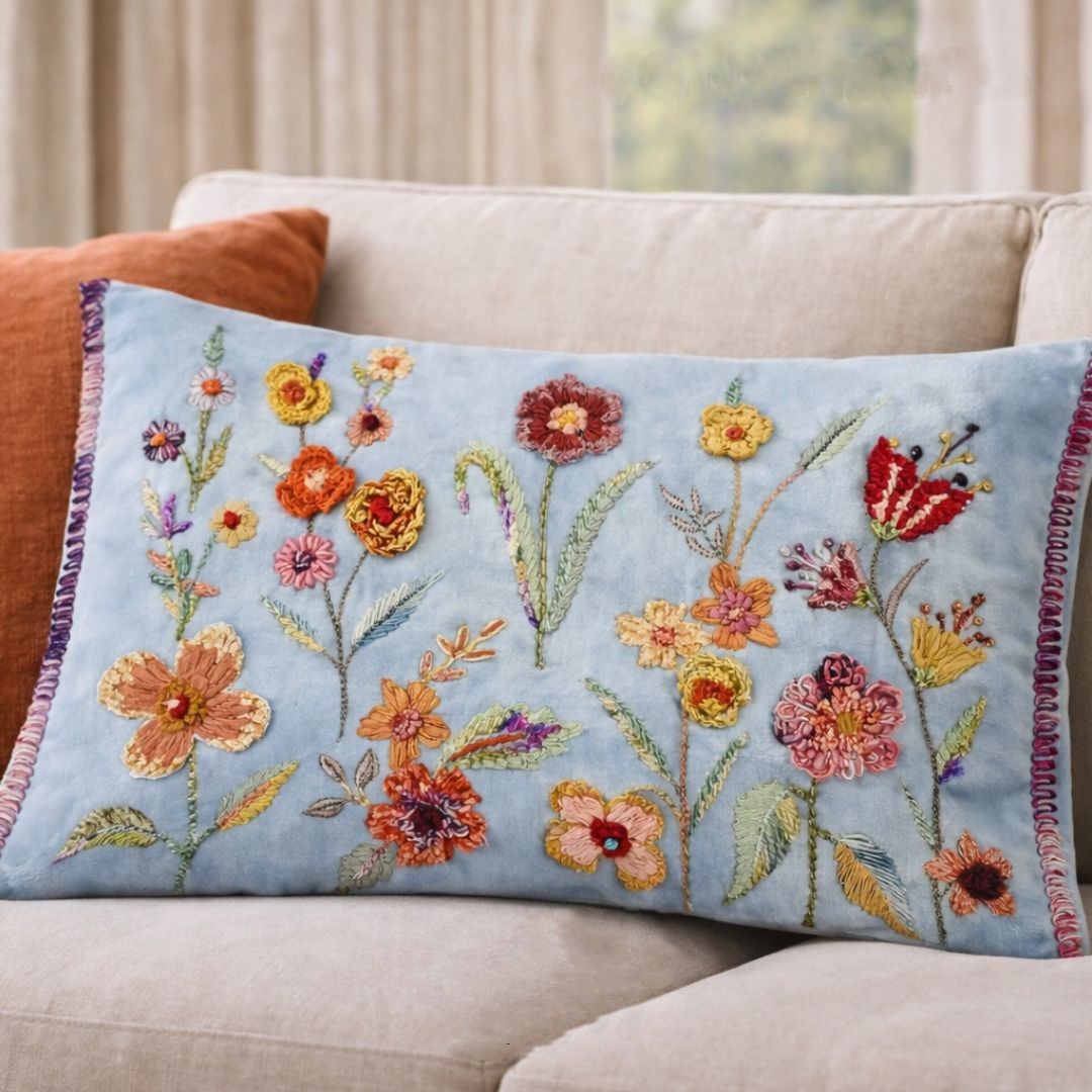 Set de 2 cojines Mencia con bordado floral en color azul claro de Ikaya 30x50cm.