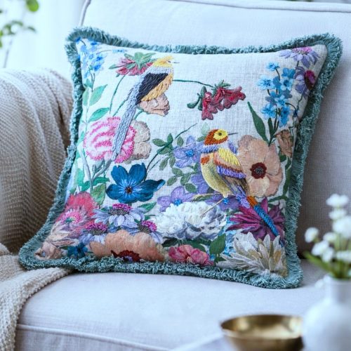 Set de 2 cojines Soila de Ikaya con bordado de pájaros y flores 45x45cm