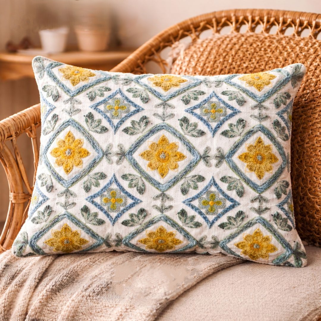 Set de 2 cojines Tanamin con bordado de mosaico floral en color crudo de Ikaya 30x50cm
