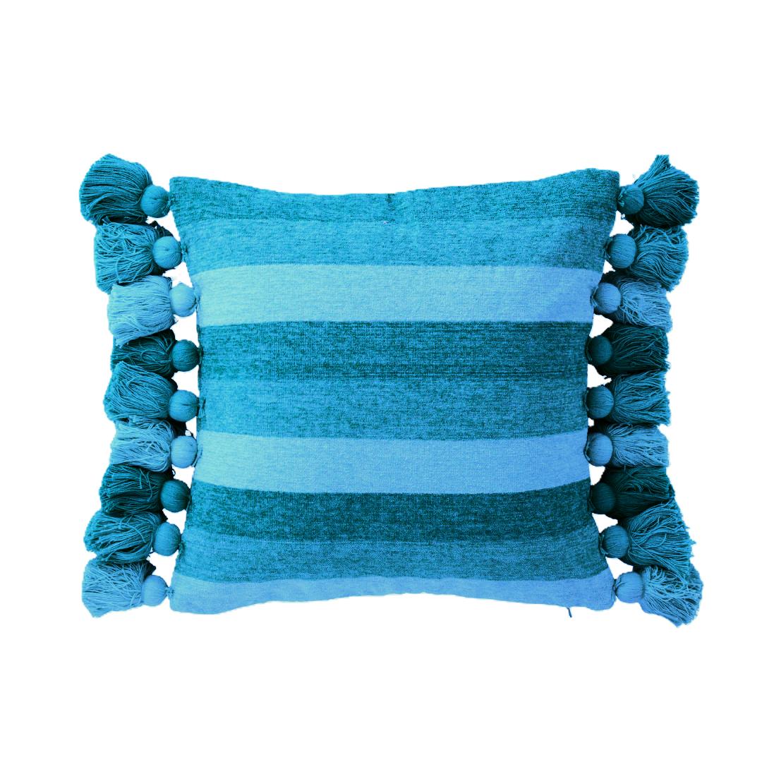 Set de 2 cojines rayados con borlas en tonos azules de 50x50cm