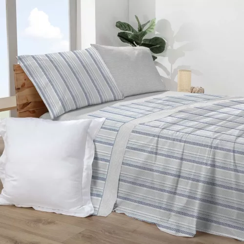 Juego sábanas estampado algodón y poliéster con rayas azul colección Índigo 180