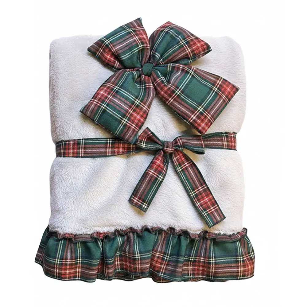 Plaid sherpa blanca con volantes tartán Blanc MariClo’ 140 × 170 cm