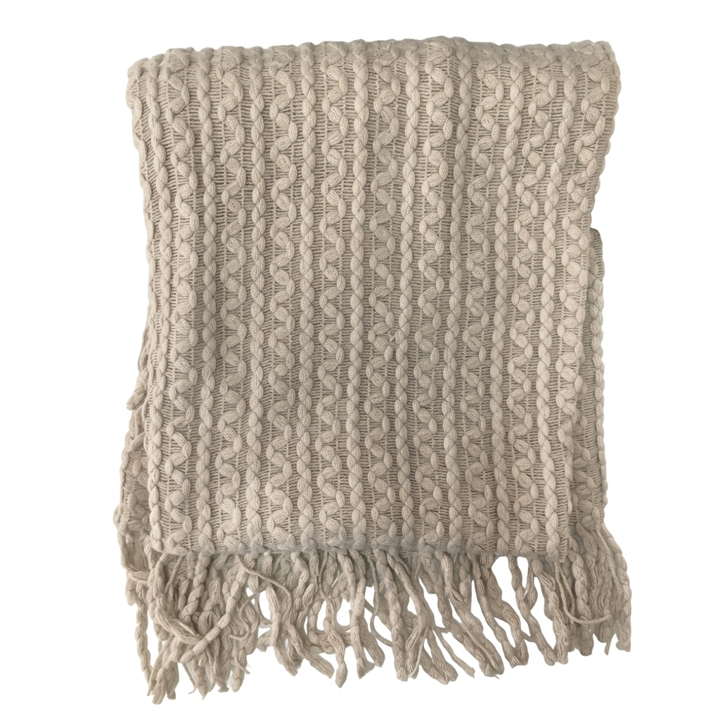 Plaid Avinon beige diseño de cuerdas con colas de gato 130 x 170 cm