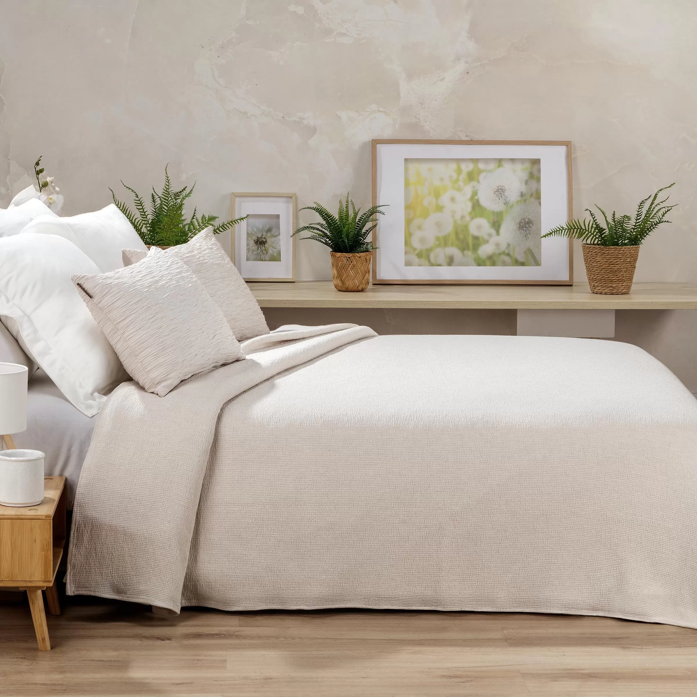 Colcha Puker Bambú y Viscosa Beige Manterol Cama 200